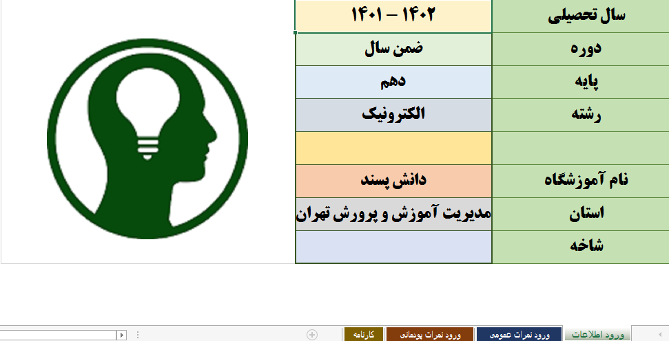 کارنامه اکسل ارائه نمرات پودمانی هنرستان